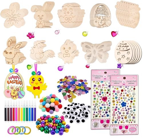 Forhome Ostern Basteln Holz, 310 Stück Holzanhänger Ostern Zum Bemalen, Osterdeko Basteln Kinder,DIY Ostereier Hasen Huhn Blume Anhänger Set Mit Aquarellstifte Pompons Strass Wackelaugen Selbstklebend