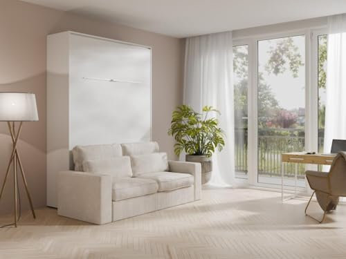 Vente-unique-Schrankbett + Sofa - 140 x 200 cm - Manuelle vertikale Öffnung - Mit LED-Beleuchtung - Weiß - RAPILI