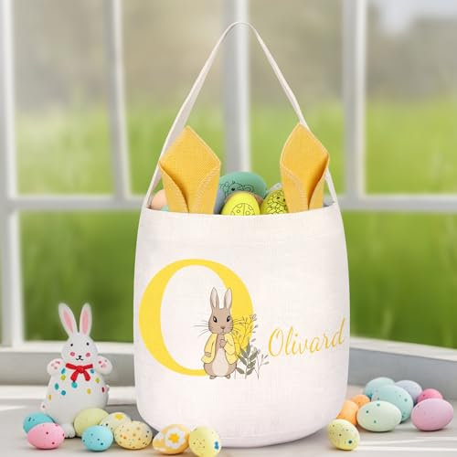 NGTSFLY Personalised Easter Egg Hunt Basket Customised Easter Baskets for Kids Girls Boys Custom Easter Gift Bags Large with Name Customisable Linen Easter Party Bags (Yellow)