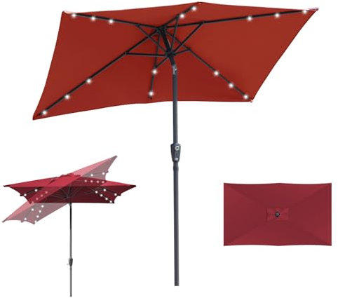 Fiqops Parasol solaire à LED - 210 x 140 cm - Avec manivelle - Rectangulaire - Protection solaire UV50+ - Pliable - Imperméable - Pour jardin, sans support - Rouge, rouge avec LED, 210 x 140cm