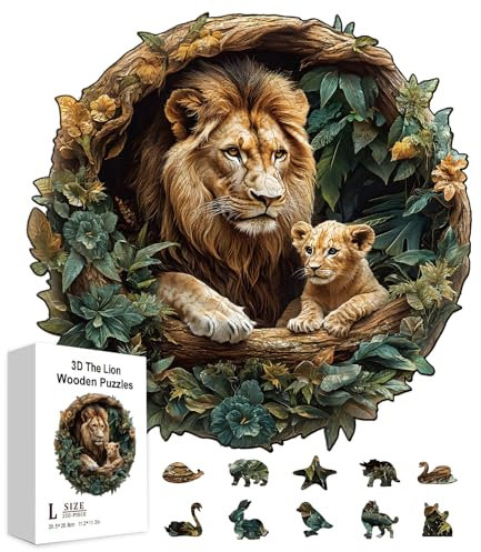 GLOBLELAND 200Pcs 3D The Lion Wooden Jigsaw Puzzles for Toddler Children Learning 11.34x11.22inch Colorful Forest Animals Wood Puzzles Holiday Birthday Anniversary for Preschool Learning