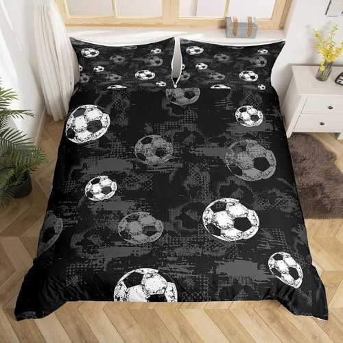 Homewish Parure de Lit 220x240 Adulte Football, Housse de Couette Enfant Garcon À Thème Sportif, Sets de Housses de Couettes Imprimé Football Style Grunge avec 2 Taies d'oreiller 65x65 cm