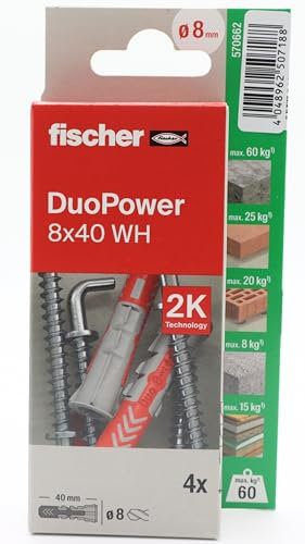 fischer - Duopower 8x40 Con Alcayata - 4U, Tacos para pared multimaterial, sirven para Colgar Bicicletas, Cuadros, Armarios, Soportes de Televisión, Estanterías, Muebles.