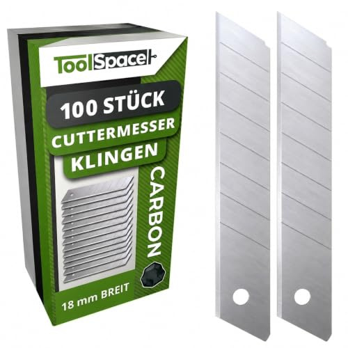 ToolSpace Cuttermesser Klingen 18mm 100 Stück Ersatzklingen Abbrechklingen | Karbonstahl ULTRASCHARF für Cuttermesser Allzweckmesser Klappklingen Teppichmesser Stanley Messer Profi 0,4mm 7 Segmente
