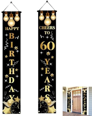 60. Geburtstag Deko für Mann und Frau Happy Birthday Banner,Schwarzes und Gold Happy Birthday Banner,Geburtstag Party Dekorationen (180 * 30cm)