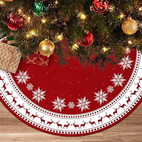 Vahlbeste Cache Pied Sapin de Nnoel de 122cm(48 Pouces), Jupe de Sapin de Noel avec Motifs de Rennes et de Flocons de Neige, Tapis Sapin Noel, Idéal pour Les Decoration Noel Sapin, Fête de Vacances