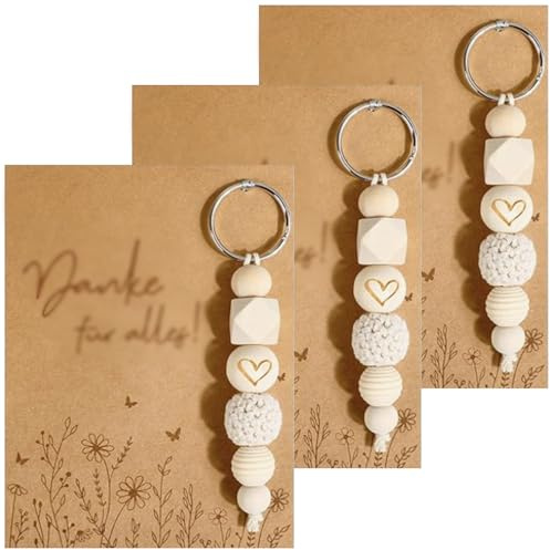 Dankeschön Geschenke Schlüsselanhänger mit Karte,Klein Danke Geschenk | 3 & 4 Stück Schlüsselanhänger,Danke für Alles,Holz Perlen Schlüsselanhänger,Weihnachten Lehrer Kollege Abschiedsgeschenk