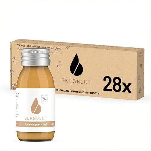 Bergblut Bio Apfel-Ingwer Shot Box – 28 x 60 ml Ingwer Shot Flaschen | Fruchtige Ingwer Shots mit Apfel & Zitrone | Vegan & ohne Zuckerzusatz