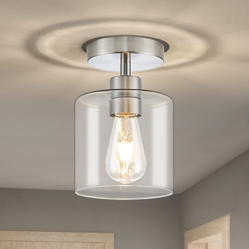 WOKNOS 15cm Industrial Klares Glas Deckenlampe mit Metallsockel in Nickel | E27 Deckenleuchte für Küche Flur Esszimmer Eingang Hall Hallway Gang Eingangsbereich Corner Corridor Korridor Kueche