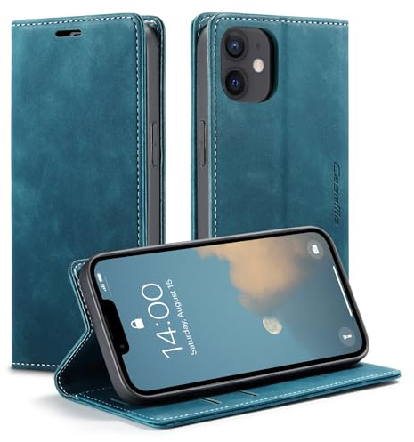 KZB für iPhone 12 Hülle, Magnet Leder Klapphülle Stoßfest | Retro PU Leder, 2 Kartenfach, Standfunktion, Schutzhülle, Flip Case, Handyhülle für iPhone 12 6,1'', Blaugrün