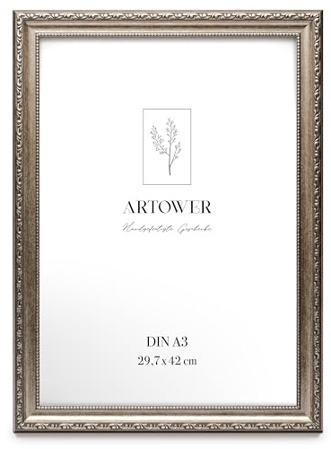 Artower Barock Bilderrahmen Silber DIN A3 30x42 cm Große Vintage Antik Fotorahmen mit Acrylglas – Kunststoff Rahmen für Foto, Poster, Kinderzeichnungen, Fotowand, Collage Wand Deko