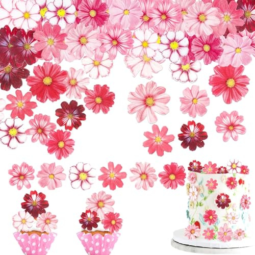 SGQTGIMU 72 Stück Essbare Blumen Tortendeko Rosa, Esspapier Kirschblüten Cupcake Topper, Essbare Blüten Kuchen Deko für Hochzeit Geburtstag Babyparty, Blumen Deko Torte Essbar