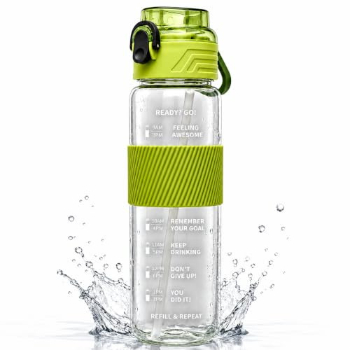 Green 1 Litre Water Bottle with Straw & Time Markings, Leakproof BPA Free Drinks Bottle, Sports Bottle 1L, Gym Drinking Bottle for Men & Women, Reusable Water Flask for Adults, Large 1000ml Bottle