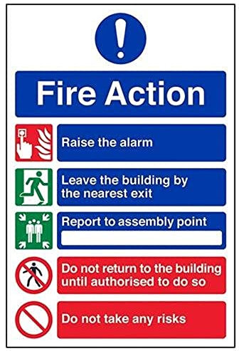 VSafety 12006AU-S General Fire Action 5 Message Risks Sign - Portrait - 200mm x 300mm - Self Adhesive Vinyl, Black/Blue/Green/Red