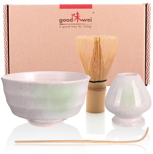Goodwei Matcha Kit con escoba de matcha, cuenco de matcha y soporte para batidor de cerámica | Matcha set de regalo (Shiro)