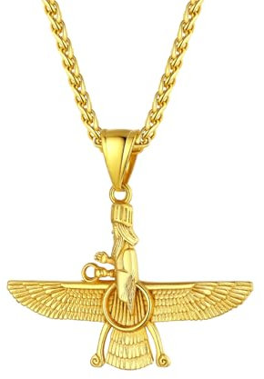U7 Kette mit Faravahar Anhänger Herren Edelstahl Halskette Iranisch Persisch Faravahar Anhänger Gold Kette Zoroastrismus Amulett Farohar Anhänger mit 55cm Weizenkette Modeschmuck für Geburtstag