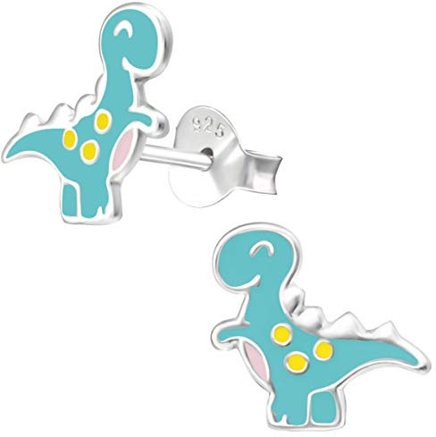 JAYARE Dinosaurier Kinderohrringe Silber 925 Mädchen Ohrstecker - Dino Ohrringe für Kinder - grün blau türkis