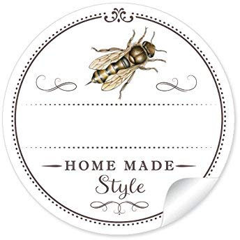 48 STICKER: Home Made Style 48 Schöne Honigetiketten für die Küche in weiß mit Honigbiene: mit Freitextfeld für die Honig Sorte (A4 Bogen) • Etiketten im Format 4 cm, rund, matt, für Imker