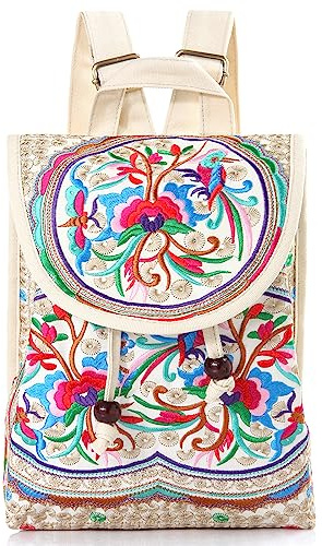 Goodhan Vintage Embroidered Women Backpack Ethnic Travel Handbag Shoulder Bag, Beige-red, Size Bigger, Daypack Backpacks