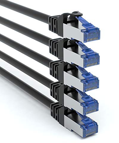 JAMEGA - 5 Stück - 1,5m CAT 7 Netzwerkkabel Gigabit Ethernet LAN Kabel in schwarz | 10000 Mbit s | Patchkabel Cat.7 Rohkabel SFTP PIMF Schirmung RJ45 Stecker | Switch Router Modem Access Point