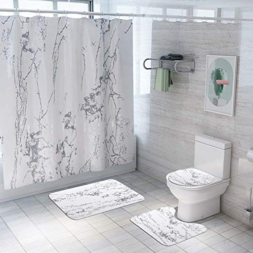 ETOPARS Marmor Textur Bad Duschvorhang Teppich Set 4 Stück Weiche & rutschfeste Badematte, U-förmiger Kontur Teppich, Toilettendeckelabdeckung 72 x 72 Zoll, Marmor Textur 01