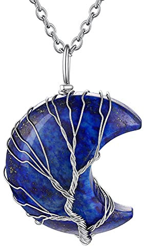 FOCALOOK Femme Collier Lapis Lazuli Pierre Naturelle en Croissant Pendentif Arbre de Vie Pierre de Naissance avec Chaîne Rolo 50+5cm