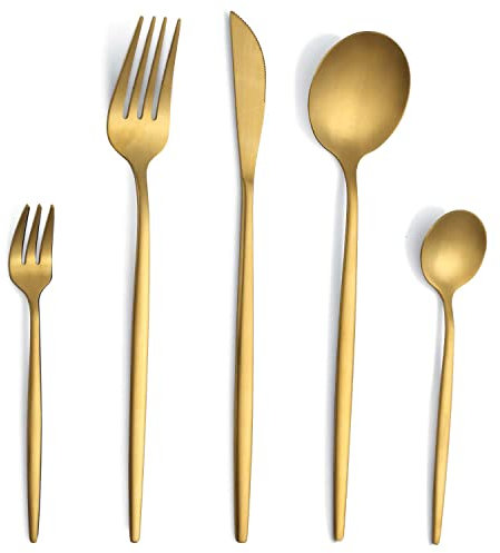 Juego de cubiertos, Pleafind 30 piezas cuberteria acero inoxidable para 6 personas, set cubiertos, cuberteria dorada, cubiertos con cuchillo, tenedor, cuchara, apto para lavavajillas