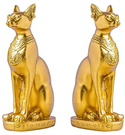 EASCHEER Ägyptische Katzengöttin Bastet, Statue, 2 Stück, Sammlerstücke, Tierstatuen, ägyptische Dekoration (10,7 cm / 4,2 Zoll, Gold)