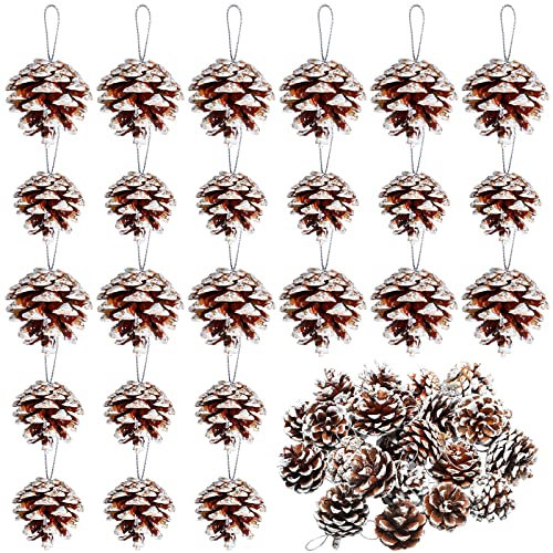 24 Stück Weihnachts-Tannenzapfen, Ornamente, Tannenzapfen, Herbstbaumschmuck, rustikale Weihnachtsschmuck für Baum, Schnee, Mini-Tannenzapfen mit Schnur für Zuhause, Weihnachtsdekoration (weiß)