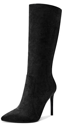 Aachcol Donna Metà polpaccio Stivali Spillo Alto High Tacco Heel Chiusa a Punta Cerniera Classico 10 CM Nero Scamosciato 45 EU