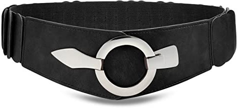 WHIPPY Breit Elastischer Taillengürtel Damen Hüftgürtel Vintage Stretchgürtel mit silberner Ring-Schließe,Schwarz,77cm