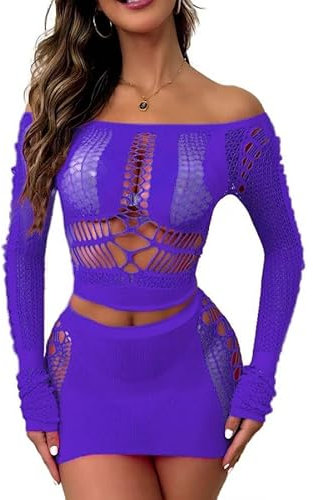 Buitifo Donne Lingerie Set Sexy Mesh Due Pezzi Set Maniche Lunghe Top e Gonne Bodycon(Viola,Taglia Unica)