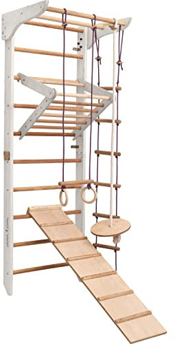 Kletterwand für Kinder–Indoor Klettergerüst aus Holz-Wand-Reck, Stange, Gymnastik-Ringe, Kletterseil, Abnehmbarer Balken, schwedische Leiter, Rutsche
