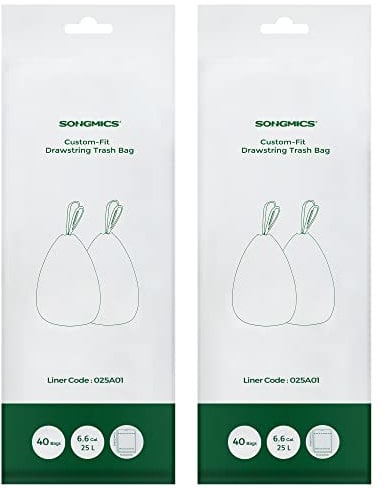 SONGMICS Heavy-Duty Bin Bags, Drawstring Rubbish Bags for 6.6-Gallon (25L) Kitchen Bins, Pre-Separated, Liner Code 025A01, 2 Rolls, 80 Pieces, White KRB025A02