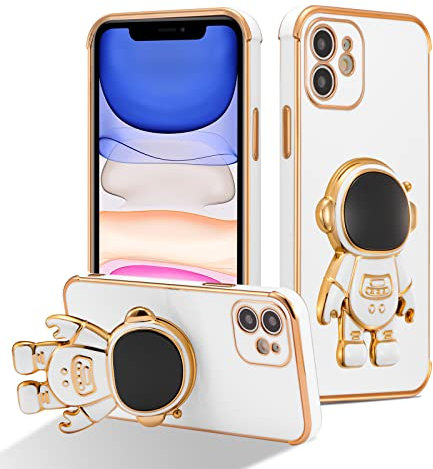 RALEAVO Compatible with iPhone 11 (6.1) Case with Cute Astronaut Kickstand Design Shockproof Plating Phone Case for iPhone 11-White