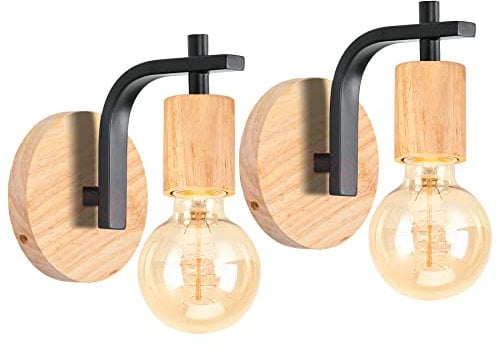 iDEGU 2 Pezzi Lampade da Parete LED Aplique da Parete Interno in Legno e Metallo Design Semplice Lampada a Muro Vintage E27 Illuminazione per Corridoio, Camera da Letto (Supporto Croce, Nero)