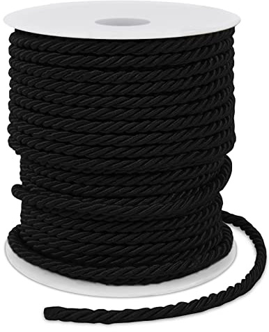 LEREATI Schwarz Polyester Kordel 3mm x 25m, 3-lagige Weiches Bastelseil Satin-Kordel-Besatz Dekorative gedrehte Makramee Schnur für DIY Handwerk Vorhang Krawatte Ehre Cord Geschenk Taschen