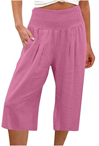 Susenstone Pantalon Court Femme Été Pantacourt Fluide Jambe en Coton et Lin Pantalon de Jogging léger pour Femme Pantalon de Longueur 3/4 à séchage Rapide Pantalon Rose Vif Pantalons Femme Eté