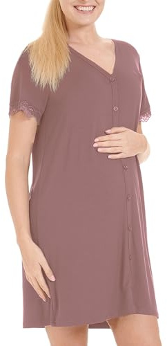 Herzmutter Chemise de Nuit d'allaitement - Chemise de Nuit Maternité Femme Grossesse - avec Boutons - Robes Grossesse Allaitement - Manches Courtes avec Dentelle - 2850 (XL, Vieux Rose)