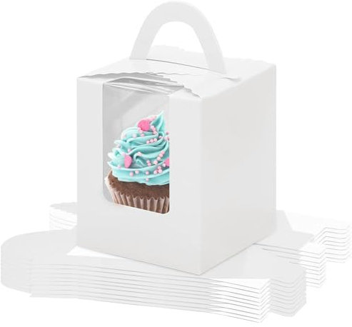 Cupcake Box,10 Pcs Individual Cupcake Boxes Single Cupcake Boxes,Cake Boxes with Window,Cupcake Carrier with Inserts,Individual White Bakery Boxes with Handle,for Weddings, Birthday Parties (White)