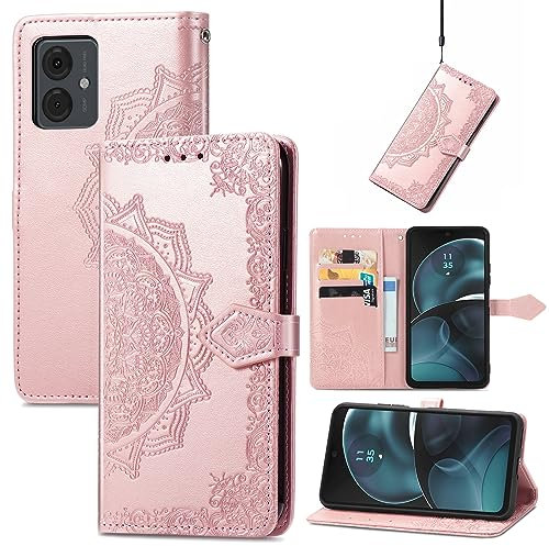 Fertuo Hülle für Motorola Moto G14, Handyhülle Leder Flip Case Tasche mit Kartenfach, Magnet und Standfunktion [Mandala Muster] Handy Schutzhülle Ledertasche für Motorola Moto G14, Rosegold
