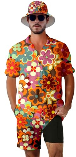 VUGOTU Herren 2-teiliges Trainingsanzug 80er 90er Jahre Outfit Knopfleiste 80er Jahre Hemden und Shorts Sets mit Eimerhüten, 70er-Jahre-Stil, Medium