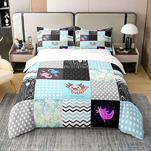 Homewish Ensemble de Literie Axolotl, Housse de Couette 220x240 Géométrique Plaid Stripes en Coton, Parure de Lit Animal Sauvage Mignon Kawaii, Décor de Chambre À Carreaux À Pois, Doux