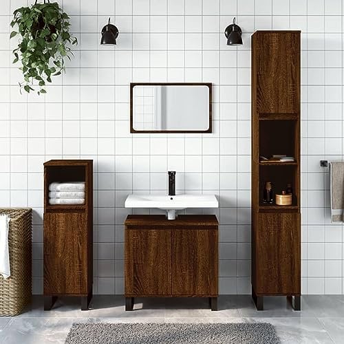 TANZEM Badschrank Braun Eichen-Optik 58x33x60 cm Holzwerkstoff, Bad Kommode, Badezimmer Möbel, Badzimmer Schrank, Aufbewahrungsschrank, Bad Schrank - 831595
