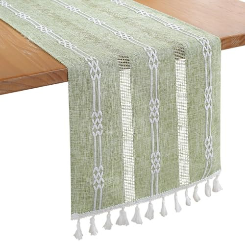 Bigqin Tischläufer Grün, 180 x 33 cm waschbares Tischband Boho Landhausstil Tischdekoration Table Runner mit Quasten für Geburtstage & Hochzeite