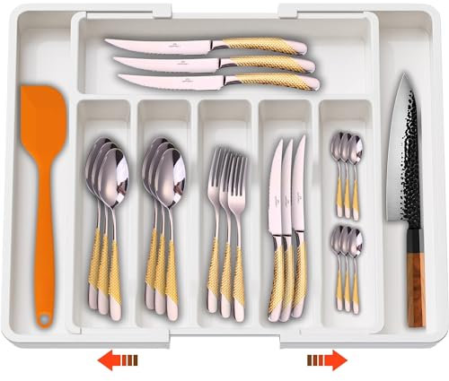 DAFFODILY® Organisateur de Tiroir Réglable pour la Cuisine - Rangement et Organisation de Cuisine, Rangement Cuisine, Idéal pour Vos Couverts de Table Range Couvert (Blanc)