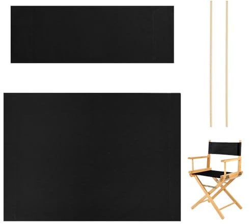 AHANDMAKER Set di Copertura di Ricambio in Tela per Sedia da Regista, Kit Casual Con Bastone di Legno, Nero, 52,5 x 17 cm + 57 x 38,8 cm