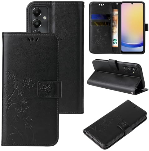LBH Handy Hülle für Samsung Galaxy A25 5G Case Handytasche Schmetterling Blumen Flower Standfunktion Schutzhülle Magnet Rundum Schutz 360 Grad Flipcase Cover Schwarz