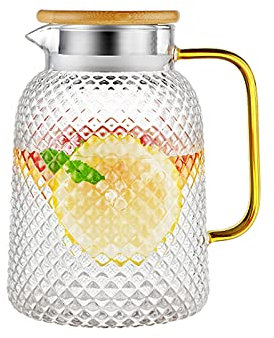 Cruche Pichet en verre avec poignée et couvercle, cruche à eau faite à la main for eau chaude/froide, thé de citron de glace et boisson à jus de fruits Cruche a Eau