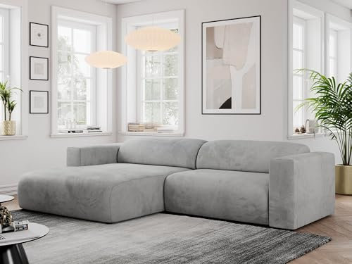 MKS MEBLE Ecksofa, Sofa L-Form, Wohnlandschaft L-Form, Modern Design Couch, Sofagarnitur, Couchgarnitur, Polsterecke - Pasadena -Hellgrau Velvet - Links Seite